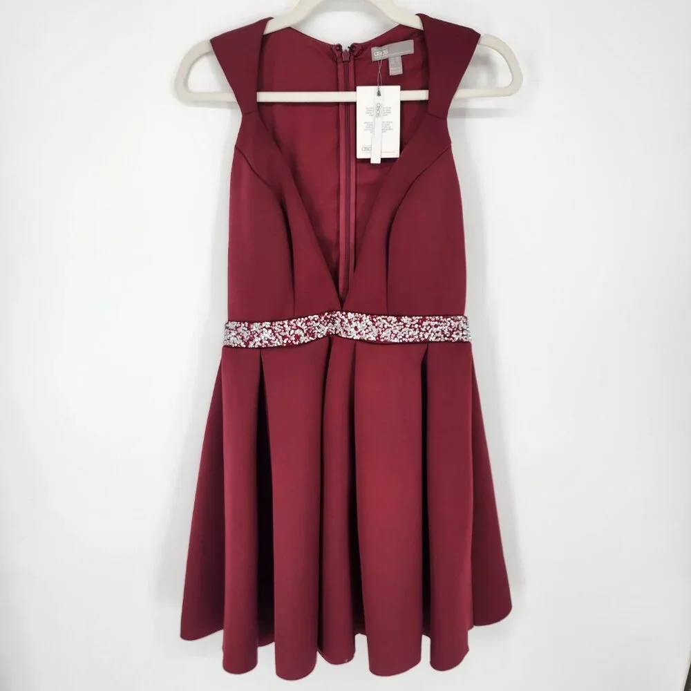 ASOS Fit & Flare Mini Dress 8 Cocktail Plunge V Neck Skater Embellished Burgundy - Picture 2 of 11
